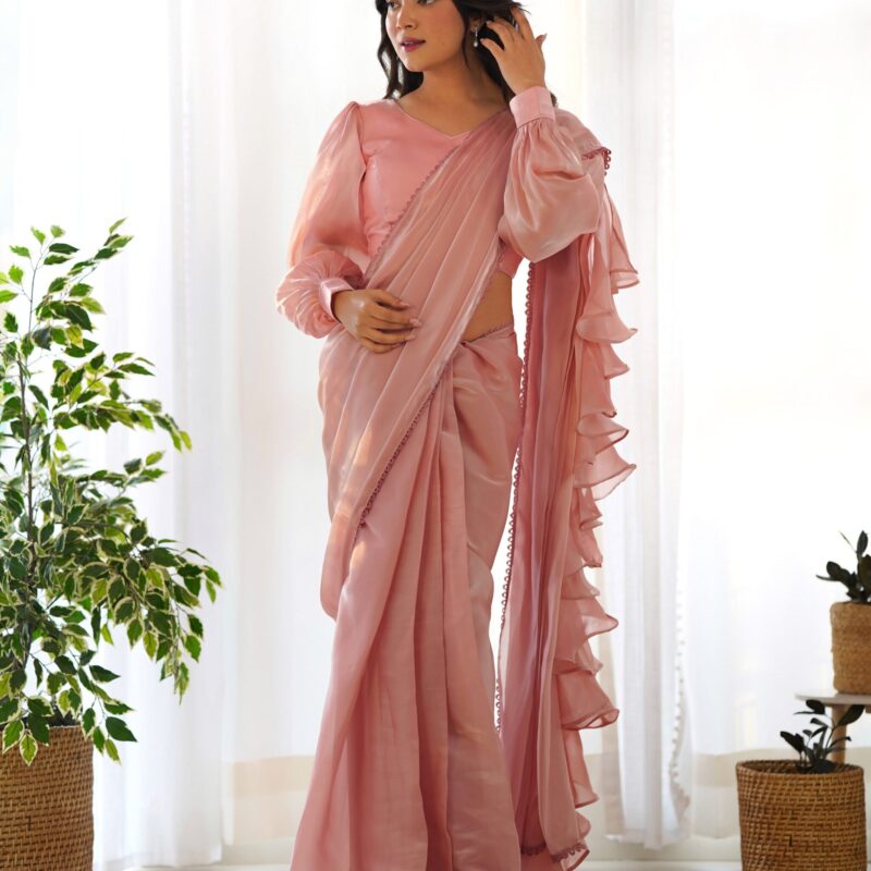 ✨ Ready-to-Wear Jimmy Choo Organza Saree – Perfect for Festivities & Weddings! 💃 (Peach Color)