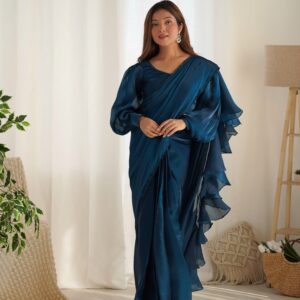 ✨ Ready-to-Wear Jimmy Choo Organza Saree – Perfect for Festivities & Weddings! 💃 (Teal Blue Color)
