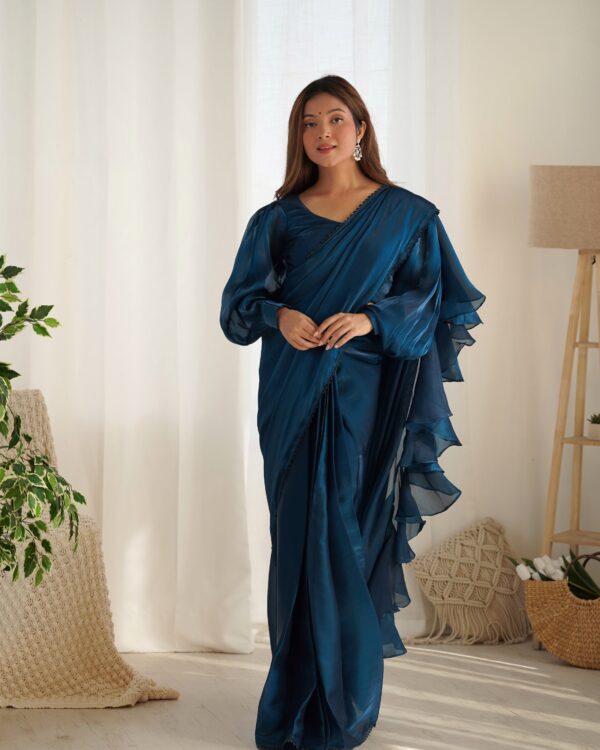 ✨ Ready-to-Wear Jimmy Choo Organza Saree – Perfect for Festivities & Weddings! 💃 (Teal Blue Color)