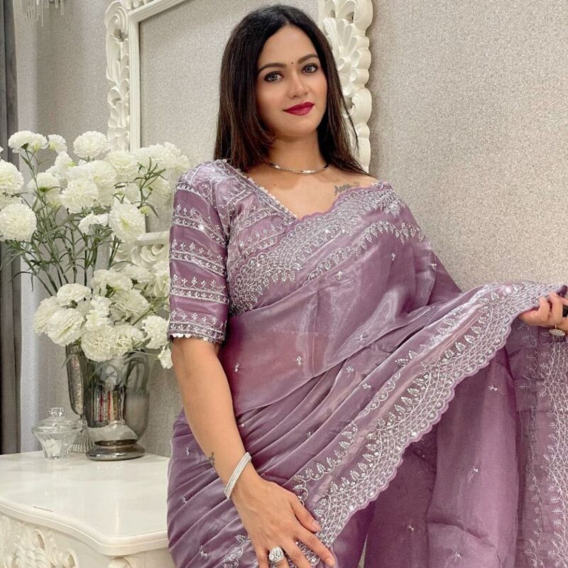 Elegant Designer Sequins Saree with Stitched Blouse (Onion)