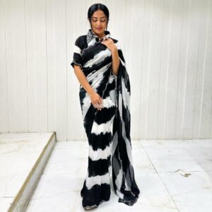 Trending Chinon Digital Print Saree with Khatli Cut Dena Handwork Border