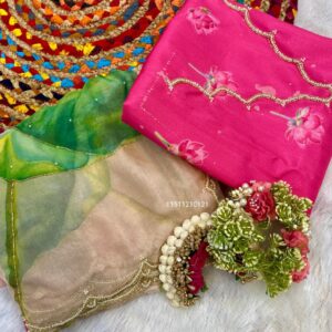 Elegant Soft Satin Organza Saree with Handprint & Pearl Work