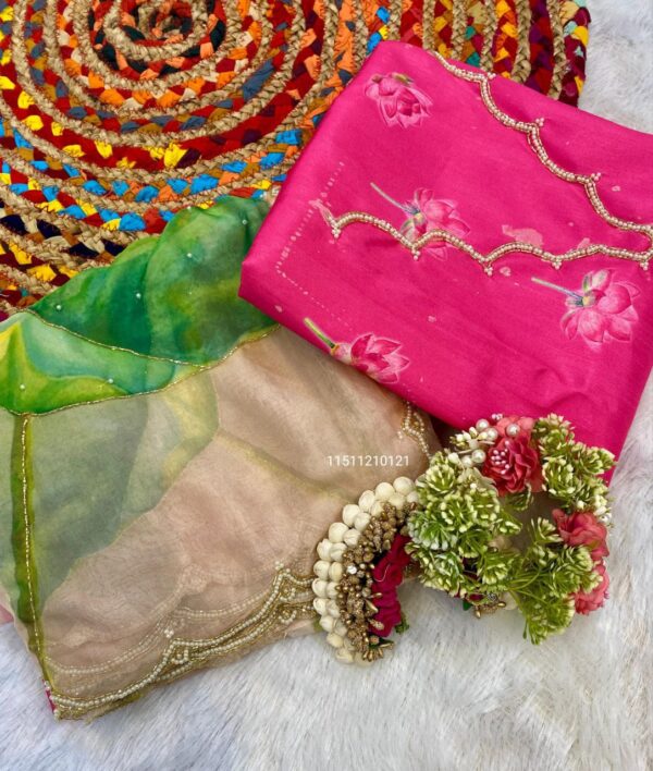 Elegant Soft Satin Organza Saree with Handprint & Pearl Work