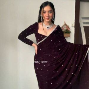 Ready-to-Wear Premium Velvet Saree with Hand Pearl Work & Lace Border