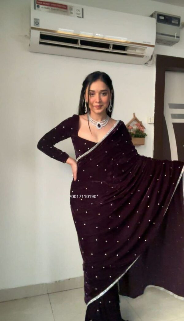 Ready-to-Wear Premium Velvet Saree with Hand Pearl Work & Lace Border