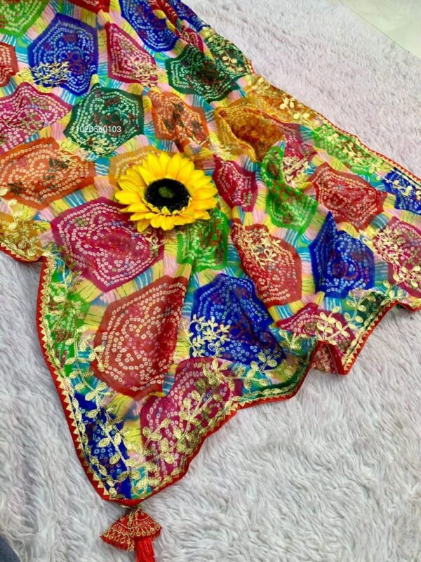 Premium Quality Bandhani Chiffon Saree with Foil Mirror Cutwork Border