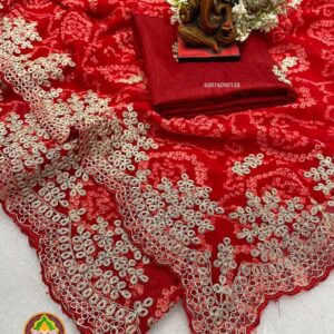 Fancy Georgette Bandhani Saree with Pitta Work Embroidery Border