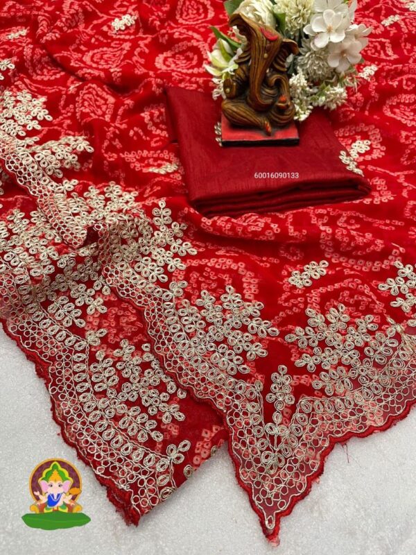 Fancy Georgette Bandhani Saree with Pitta Work Embroidery Border
