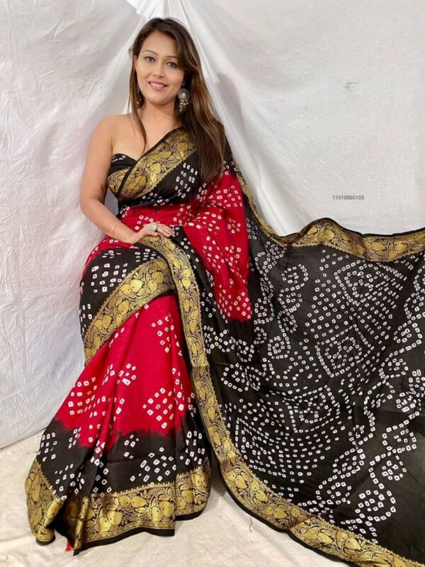 Handcrafted Bandhani Art Silk Saree with Zari Weaving Border