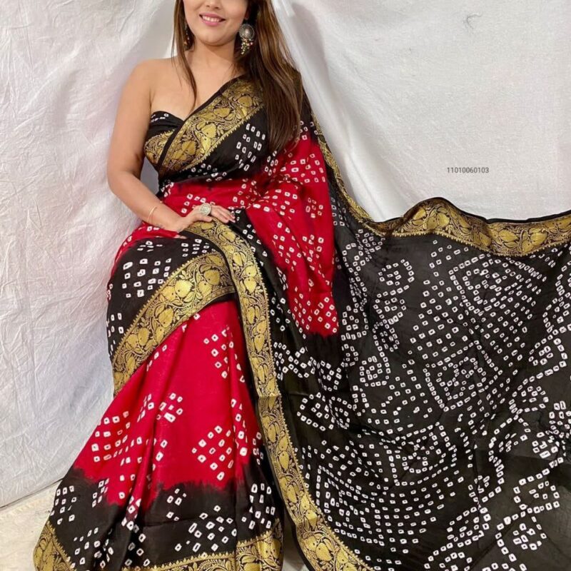 Handcrafted Bandhani Art Silk Saree with Zari Weaving Border
