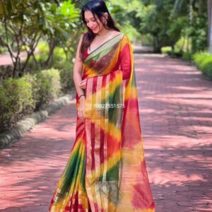 Pure Organza Silk Saree with Batik Print & Jacquard Border