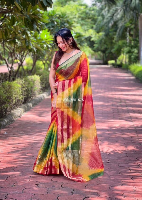 Pure Organza Silk Saree with Batik Print & Jacquard Border