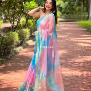 Pure Organza Silk Saree with Batik Print & Jacquard Border
