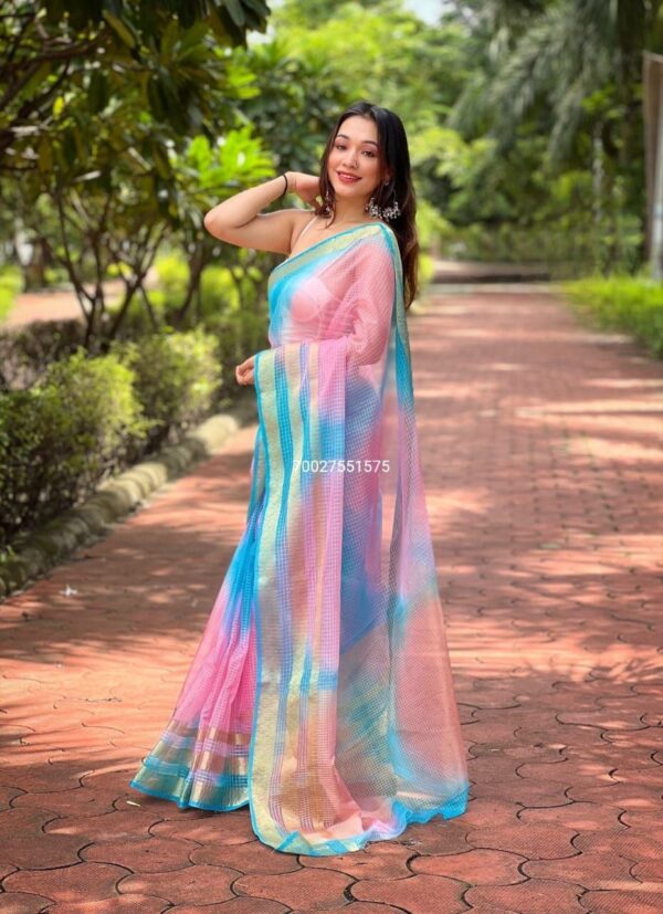 Pure Organza Silk Saree with Batik Print & Jacquard Border