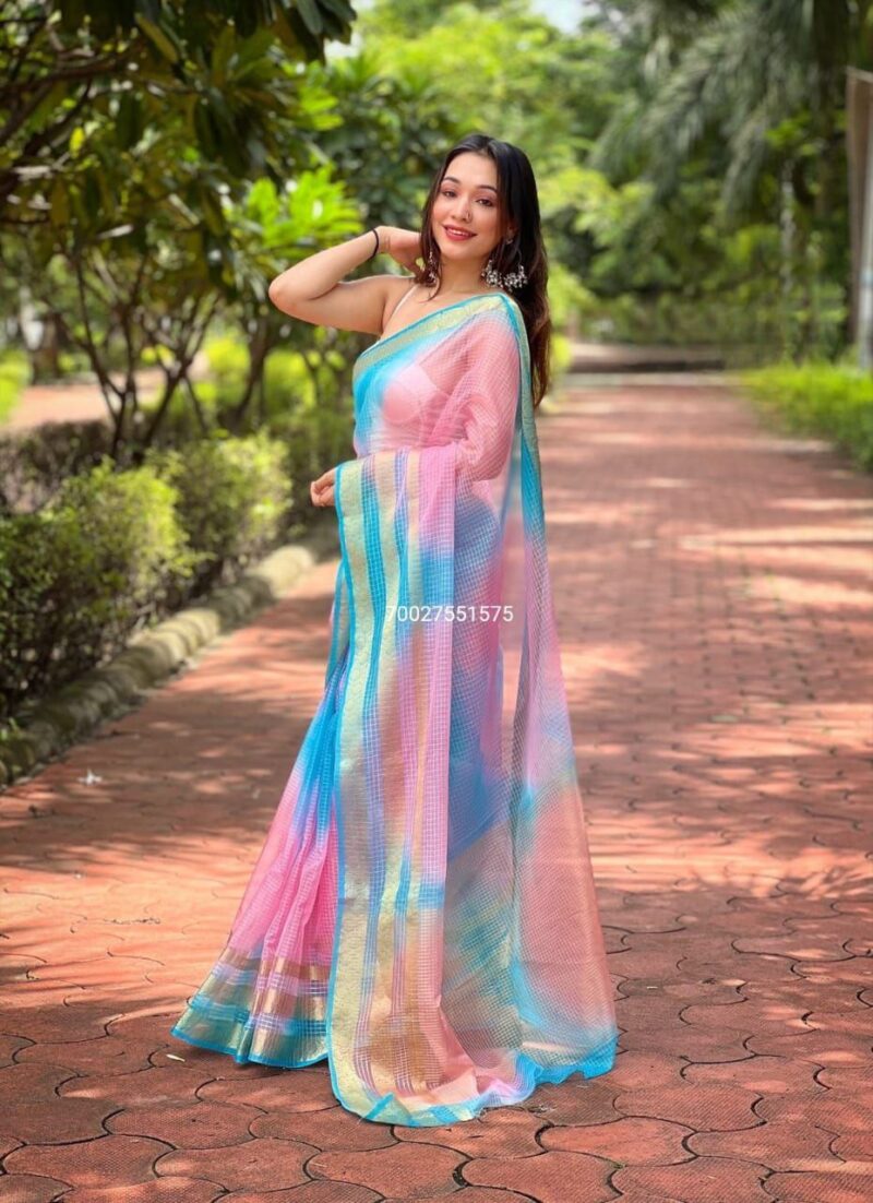 Pure Organza Silk Saree with Batik Print & Jacquard Border