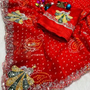 Soft Georgette Saree with Peacock Zari Work & Cutwork Border (RED)