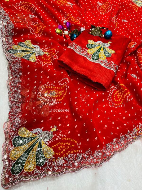 Soft Georgette Saree with Peacock Zari Work & Cutwork Border (RED)