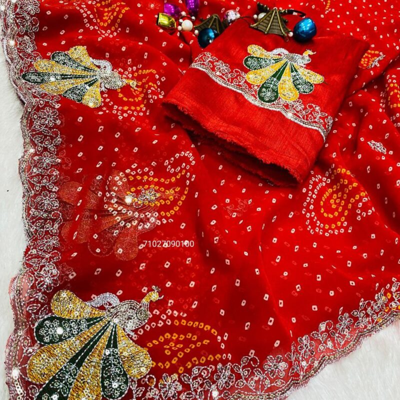 Soft Georgette Saree with Peacock Zari Work & Cutwork Border (RED)