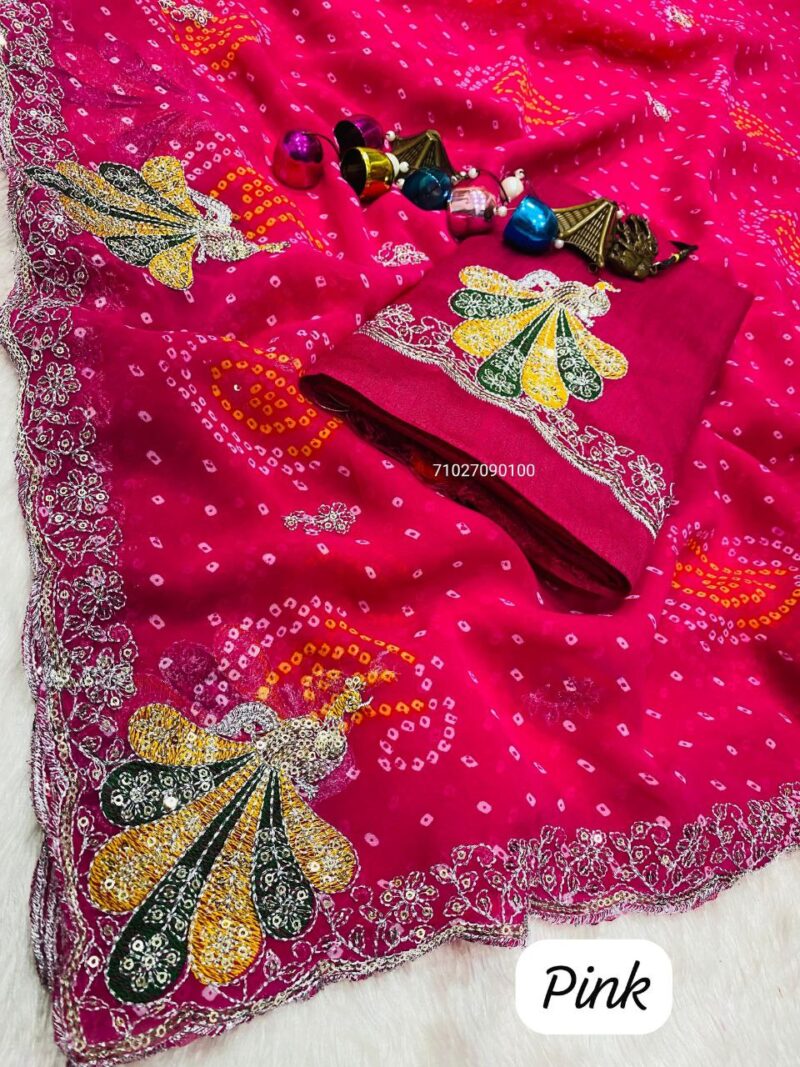 Soft Georgette Saree with Peacock Zari Work & Cutwork Border (RANI)
