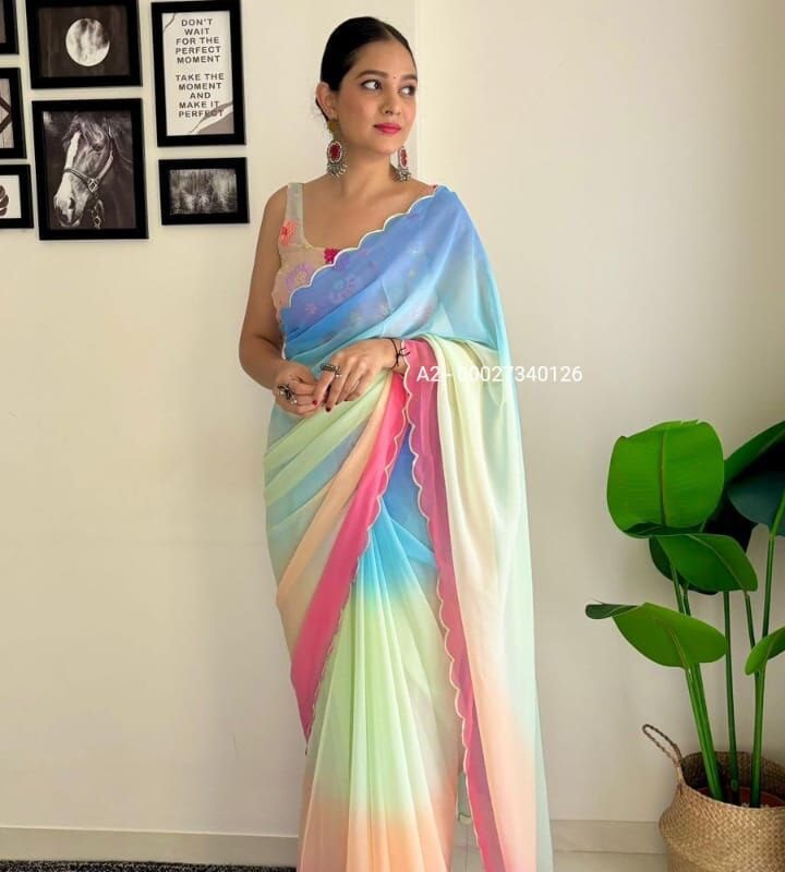 Lightweight Georgette Saree with Multi Embroidery & Cutwork Border