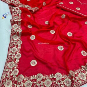 Pure Satin Chiffon Saree with Golden Gota Patti Work
