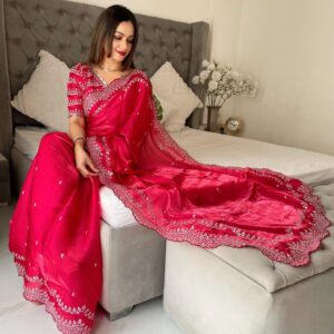 Elegant Designer Sequins Saree with Stitched Blouse (RED)