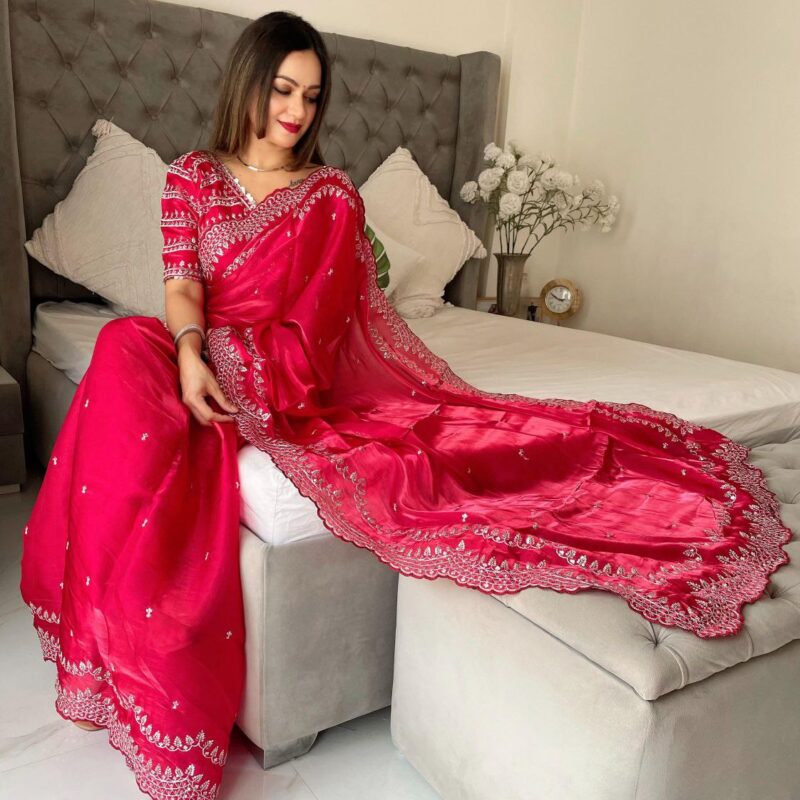Elegant Designer Sequins Saree with Stitched Blouse (RED)