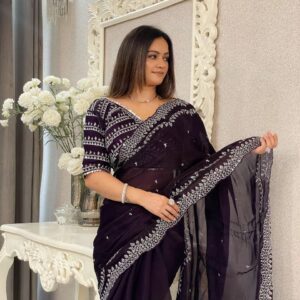 Elegant Designer Sequins Saree with Stitched Blouse (Black)