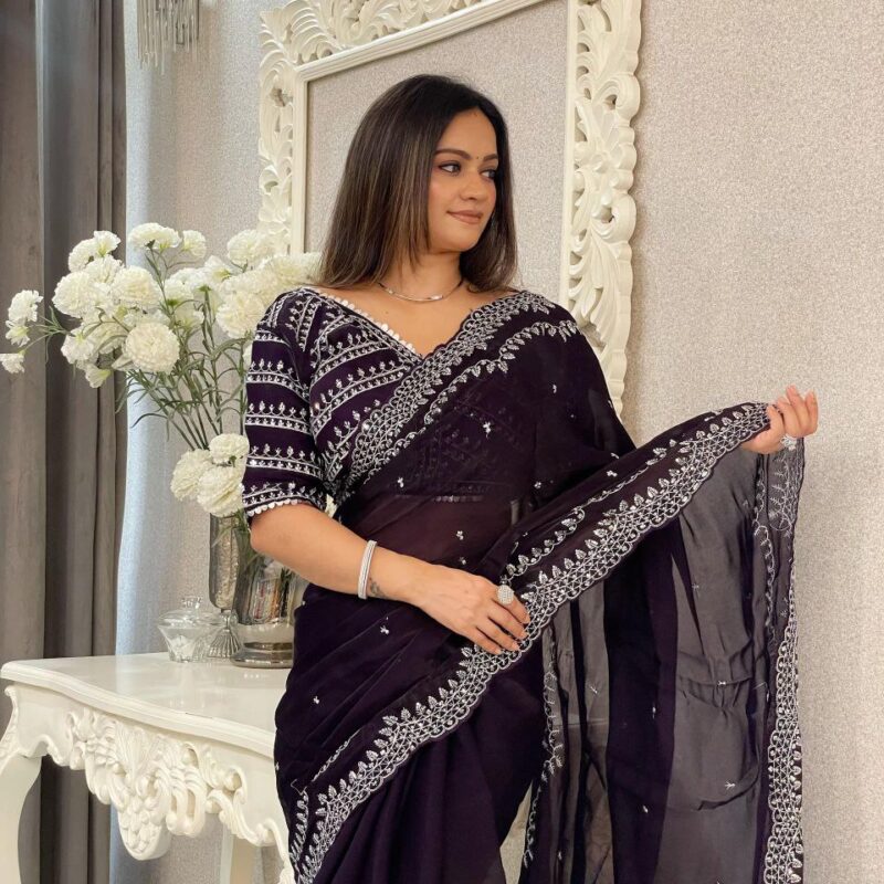 Elegant Designer Sequins Saree with Stitched Blouse (Black)