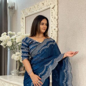 Elegant Designer Sequins Saree with Stitched Blouse (More Peach)