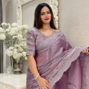 Elegant Designer Sequins Saree with Stitched Blouse (Onion)