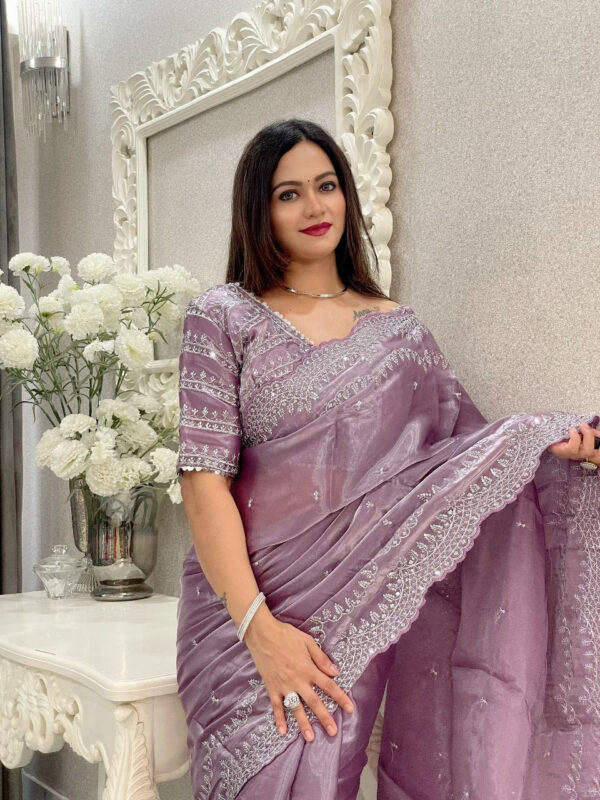 Elegant Designer Sequins Saree with Stitched Blouse (Onion)