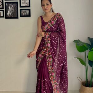 Beautiful Sequins Saree with Multi-Colored Embroidery Work