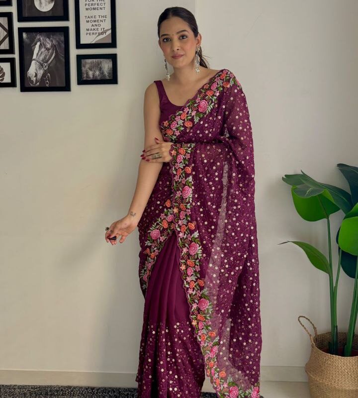 Beautiful Sequins Saree with Multi-Colored Embroidery Work
