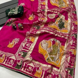 Premium HandWork Original Dola Silk Saree with Elegant Zari & Stone Work (RANI)