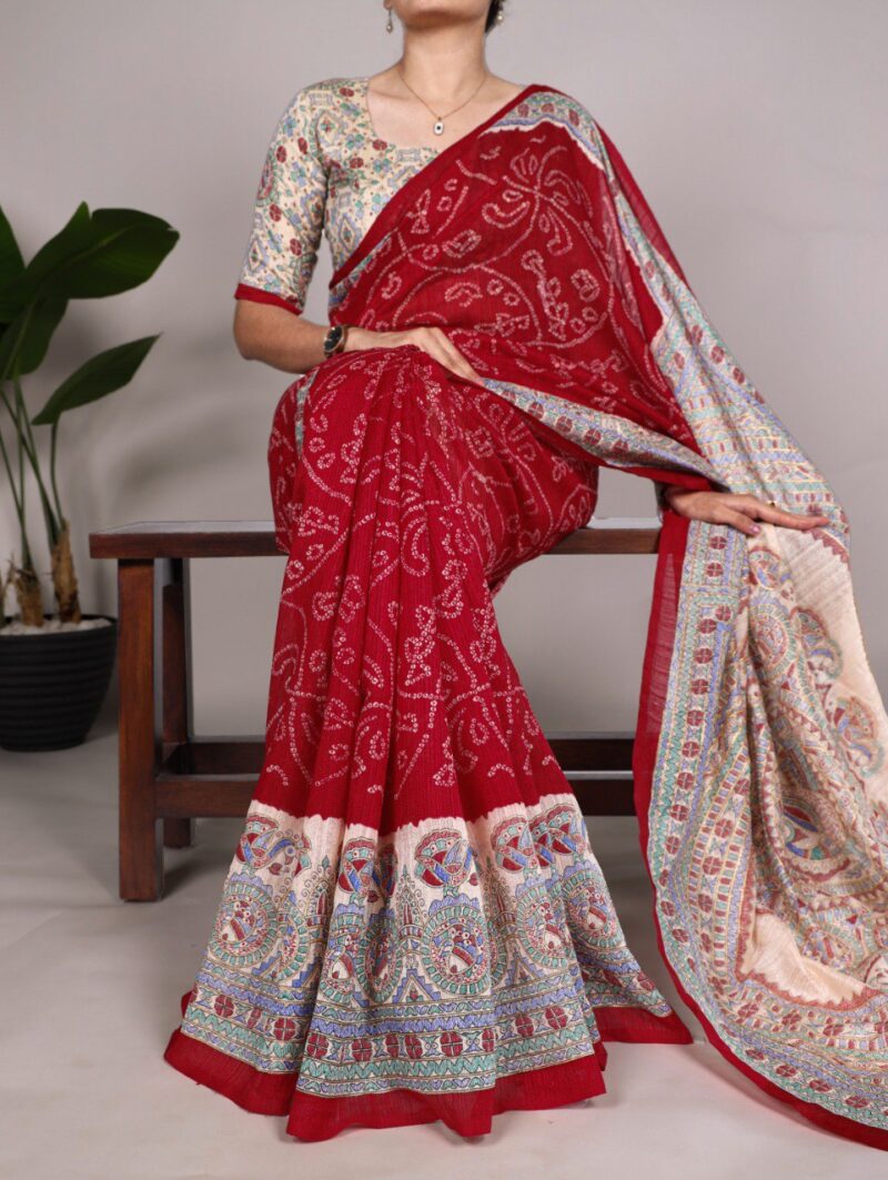 Madhubani & Bandhej Fusion Green Silk Saree Collection