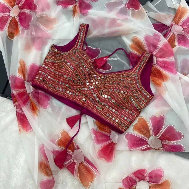 New Launch: Georgette Digital Print Saree with Mirror Work Blouse – Trendy & Comfortable! (RANI)