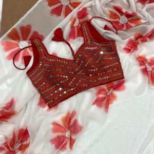 New Launch: Georgette Digital Print Saree with Mirror Work Blouse – Trendy & Comfortable! (RED)