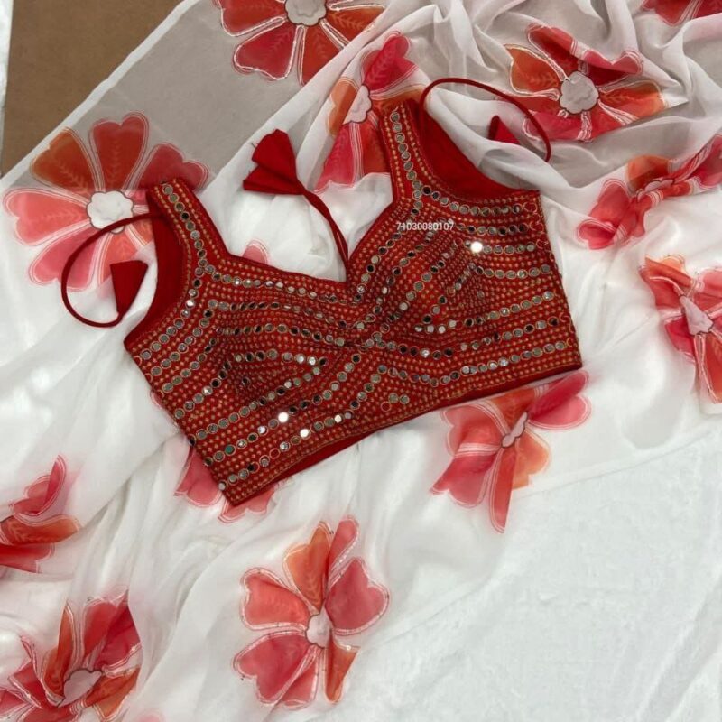 New Launch: Georgette Digital Print Saree with Mirror Work Blouse – Trendy & Comfortable! (RED)