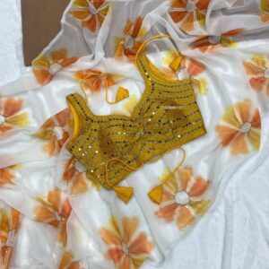 New Launch: Georgette Digital Print Saree with Mirror Work Blouse – Trendy & Comfortable! (YELLOW)