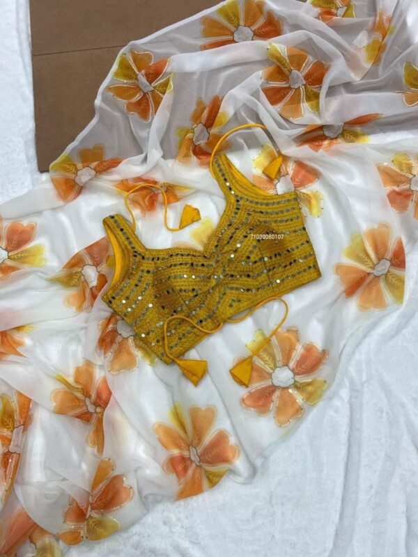 New Launch: Georgette Digital Print Saree with Mirror Work Blouse – Trendy & Comfortable! (YELLOW)
