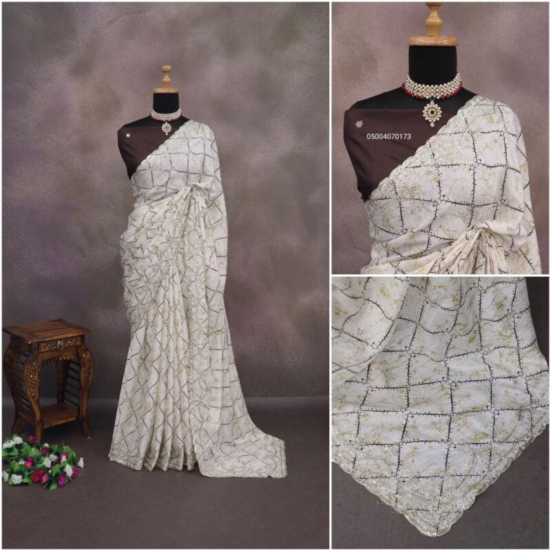 Rich Look Chinon Silk Saree with Silver Zari & Sequence Work