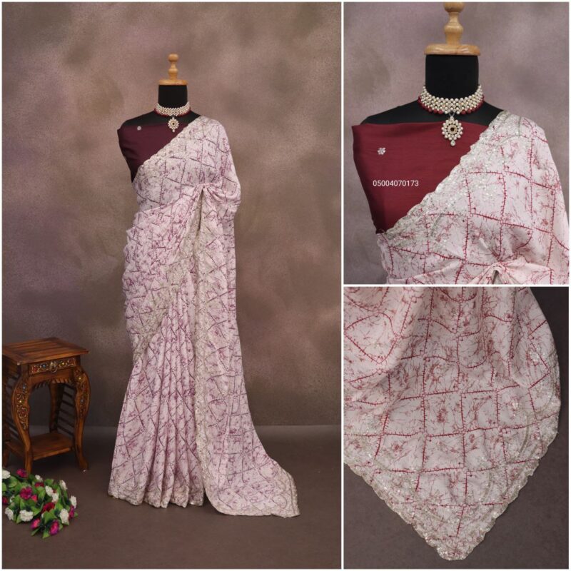 Rich Look Chinon Silk Saree with Silver Zari & Sequence Work