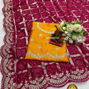 😘 New Arrival: Traditional Bandhej Foil Print Saree with Jarkan Stone Work & Heavy Velvet Cutwork Lace Border 😋