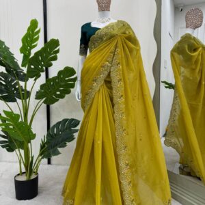 💛 Haldi Special Designer Saree in Crunchy Silk – Beautiful Thread & Sequence Work! 💃