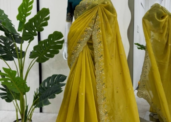 💛 Haldi Special Designer Saree in Crunchy Silk – Beautiful Thread & Sequence Work! 💃